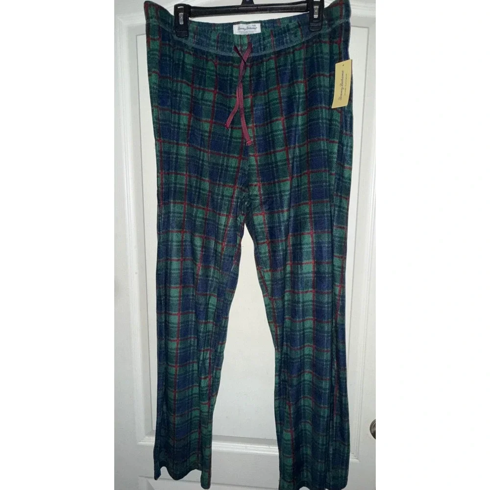 Tommy Bahama Mens Pajama Bottoms Navy Green Plaid Fleece Sleep Pants TB82298T L